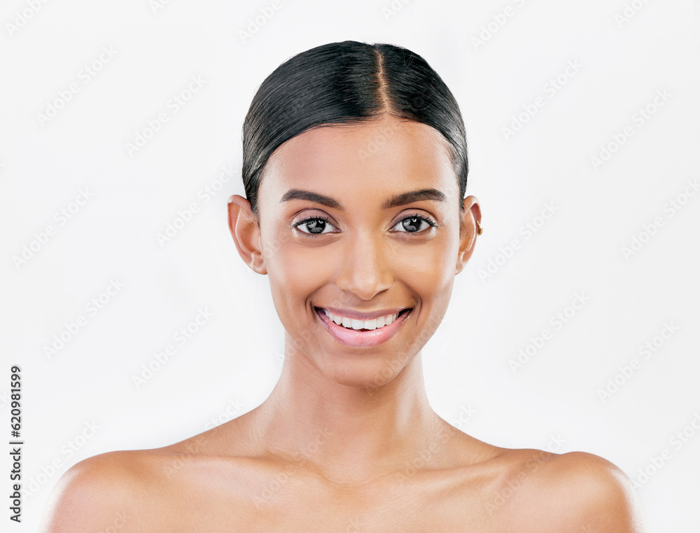 Beauty, face and portrait a happy woman with natural skin care isolated on a white background. Derma