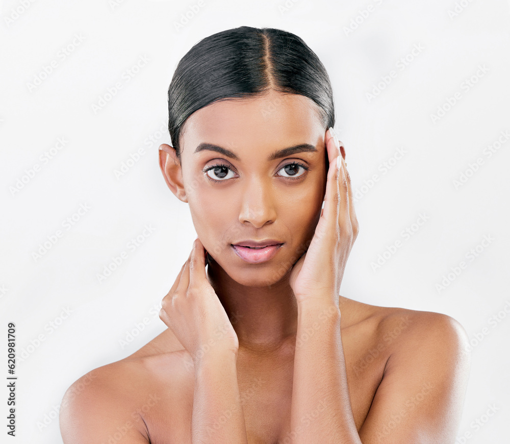 Portrait, beauty and face of a serious woman with natural skin glow isolated on a white background. 