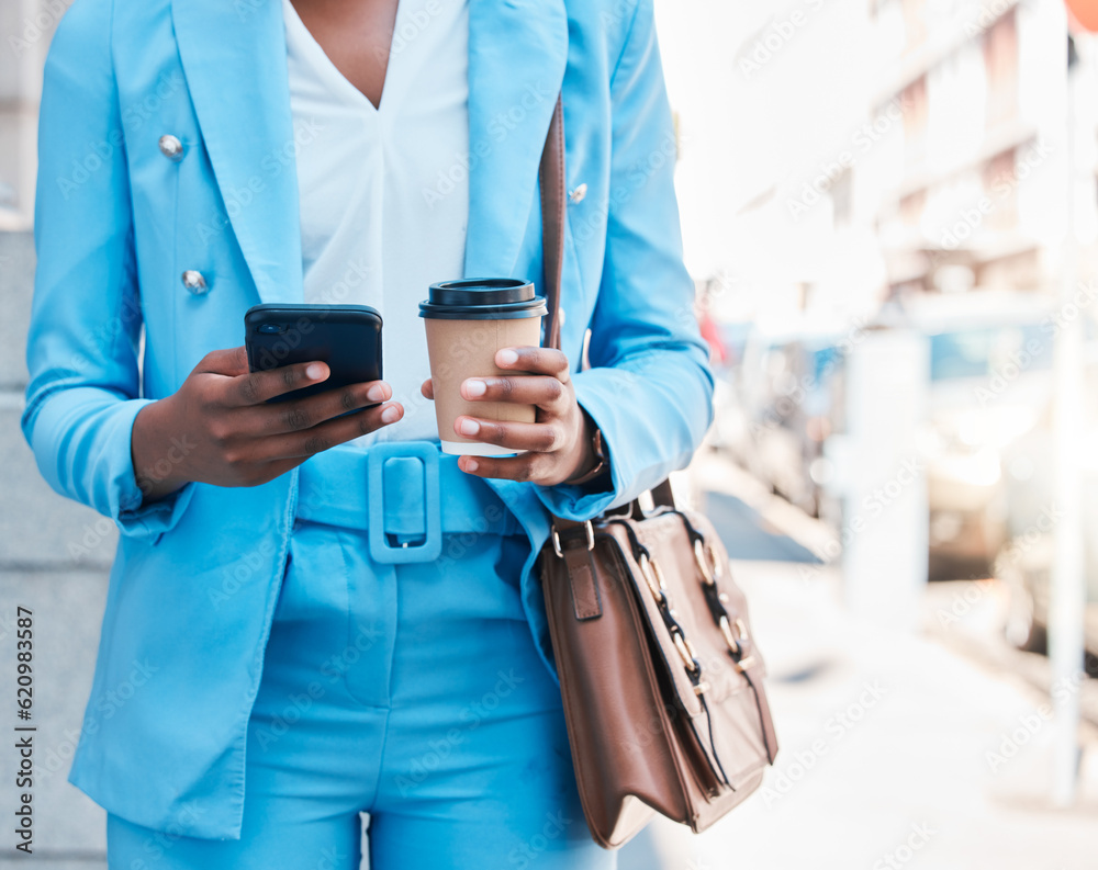 Closeup, outdoor and woman with a smartphone, business and internet connection with social media, ne