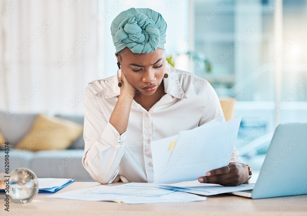 Reading, serious and black woman with accounting paperwork, company budget and tax work. Confused, f