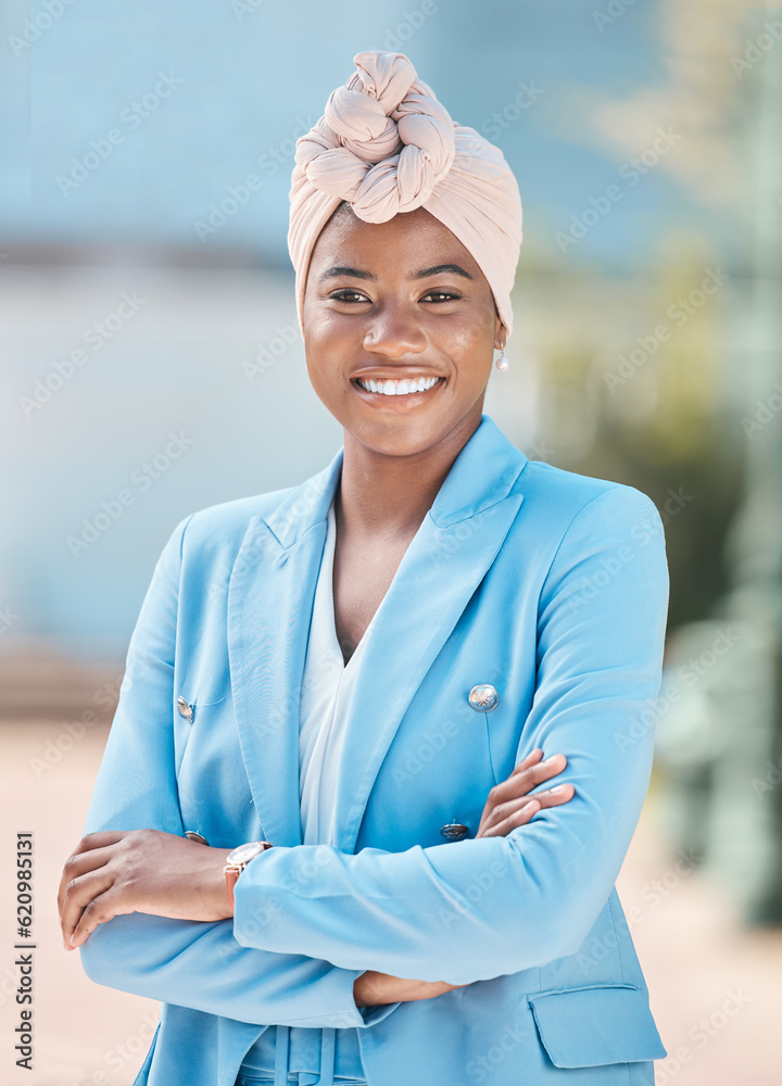 Corporate pride, portrait and a black woman with arms crossed for city business or work. Smile, prof