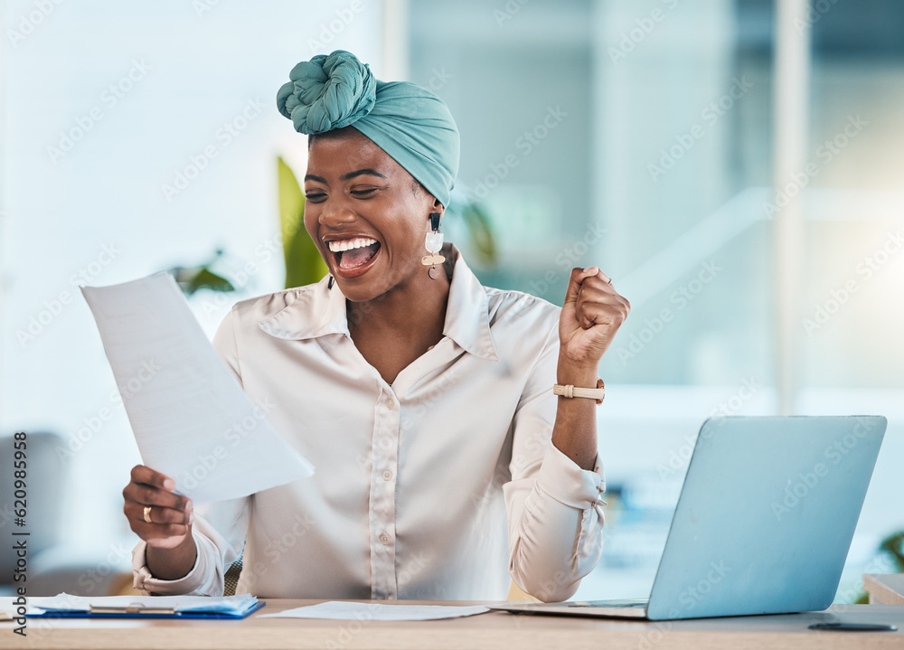 Laptop, documents and wow with a business black woman in celebration while reading her promotion con