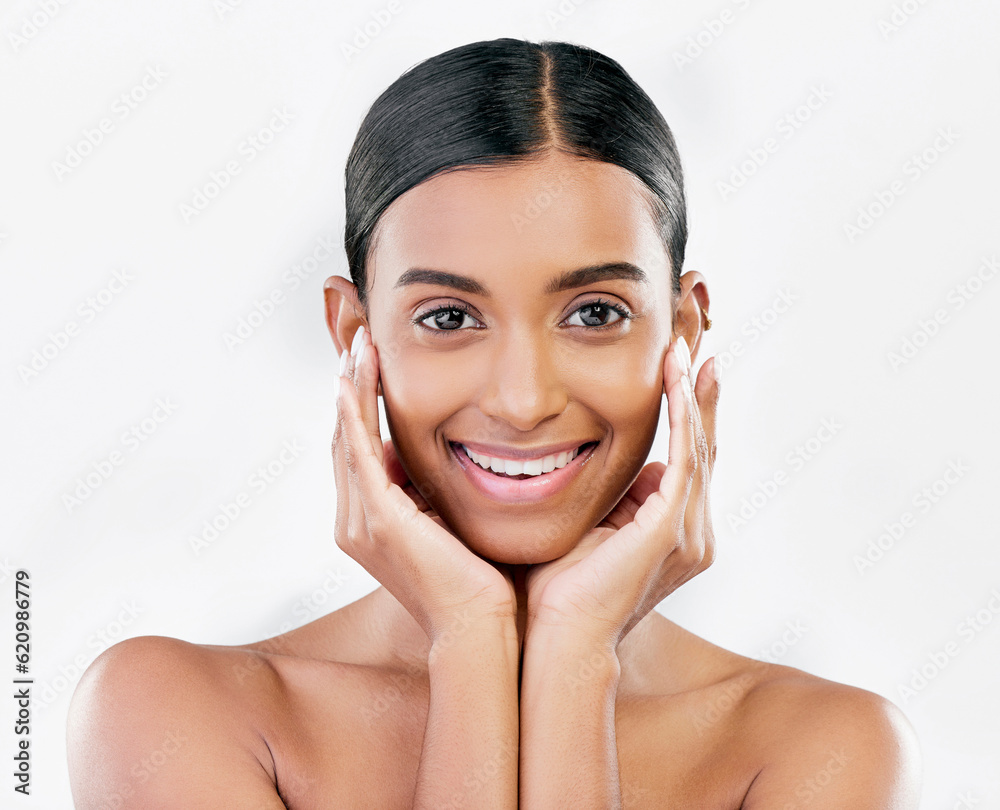 Skin, beauty and face portrait of happy woman with natural glow isolated on a white background. Derm