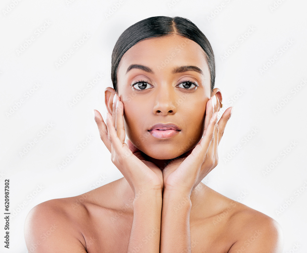 Beauty, portrait and a woman with hands on face for natural skincare isolated on a white background.