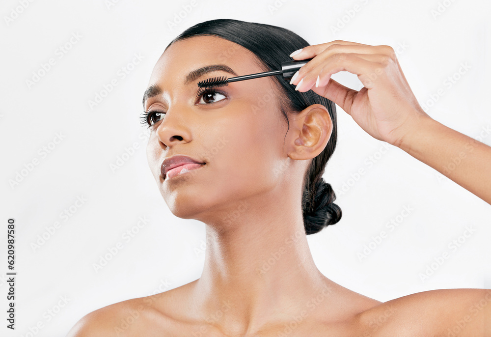 Beauty, mascara and makeup of a woman with natural glow isolated on a white background. Eyelash, cos