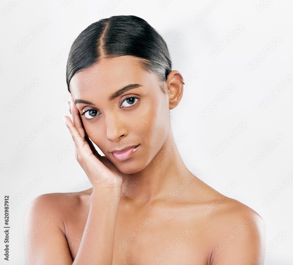 Beauty, skin and face portrait of a woman with natural glow isolated on a white background. Dermatol