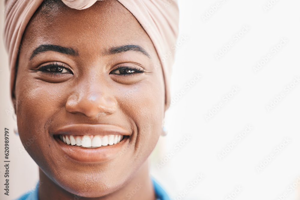 African business woman, portrait and space in closeup for mock up, pride and happy for job as legal 