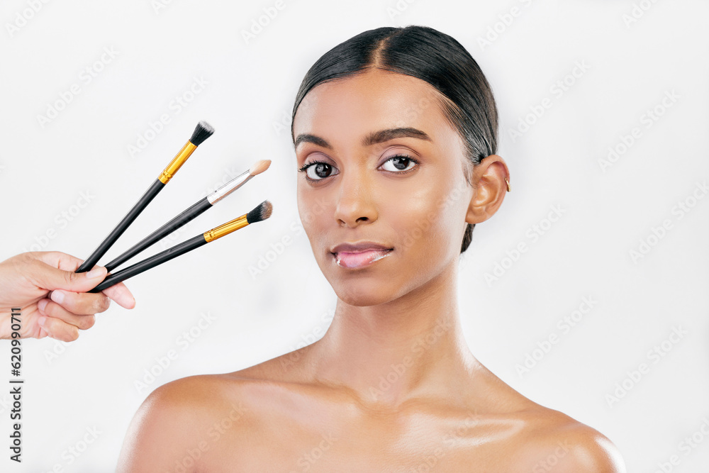 Portrait, woman and makeup brush set for face, cosmetics or aesthetic tools on white background in s