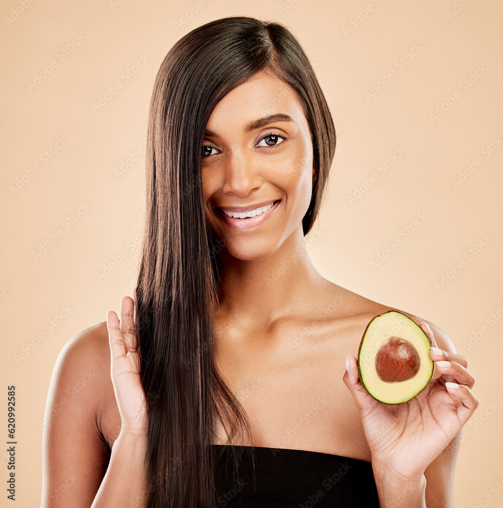 Portrait, woman and avocado for hair, beauty or cosmetic treatment of natural growth on studio backg