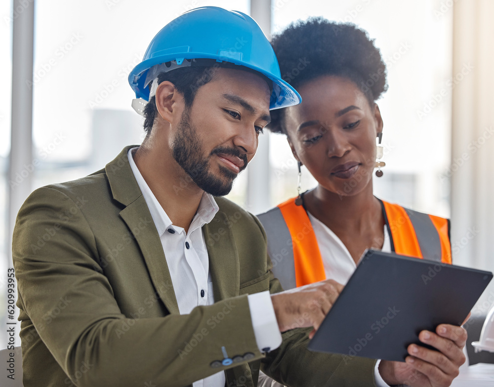 Tablet, collaboration or planning with a construction worker and architect meeting in an office for 