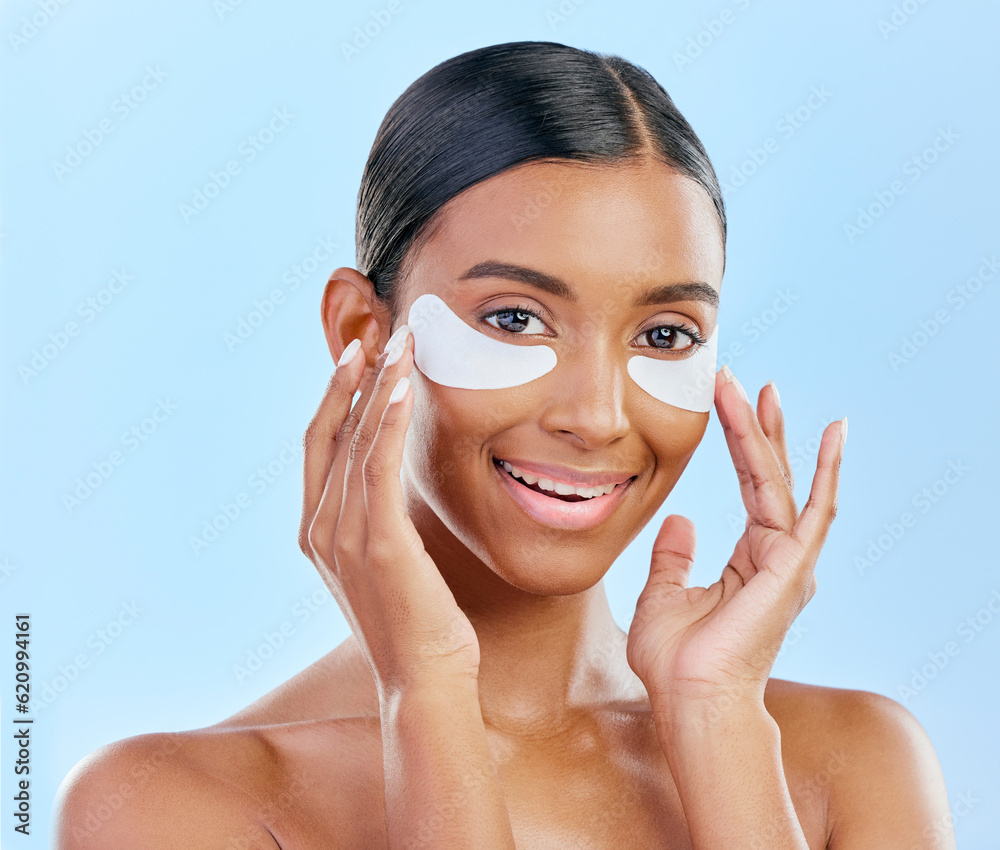 Happy, skincare and portrait of woman with patches for eyes, dark circles and treatment. Smile, face