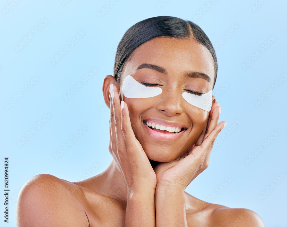 Beauty, eye patch and face of a woman with natural skin glow on a blue background. Dermatology, coll