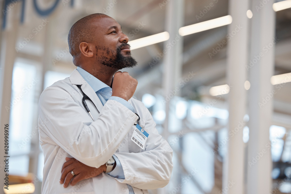 Thinking, hospital doctor and black man planning medical project, healthcare inspiration or brainsto