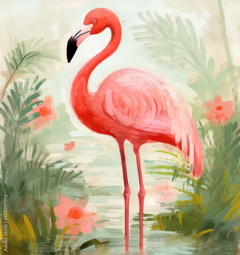 Pink painted flamingo. Illustration AI Generative.