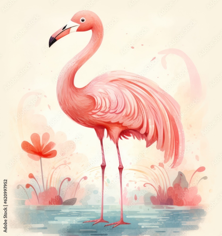 Pink painted flamingo. Illustration AI Generative.