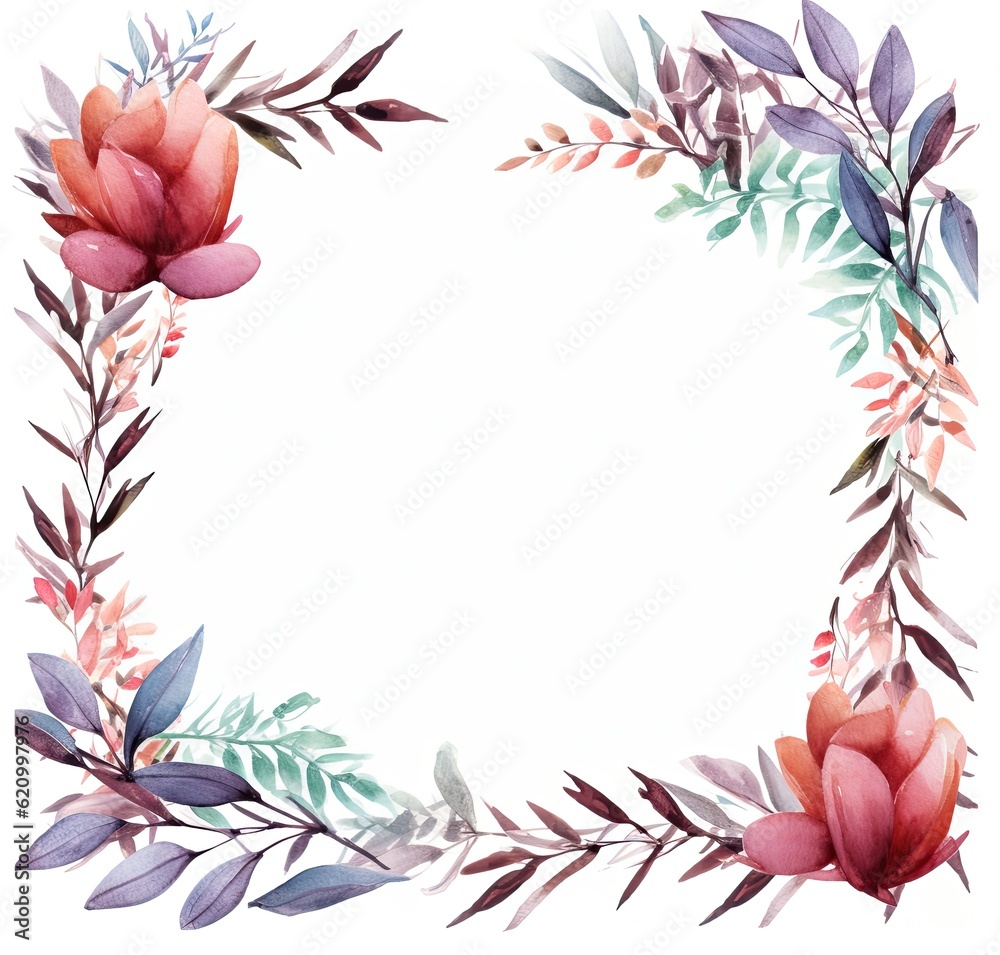 Watercolor floral frame. Illustration AI Generative.