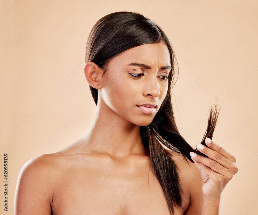 Hair, split ends and woman with beauty, damage with cosmetics and keratin treatment fail isolated on