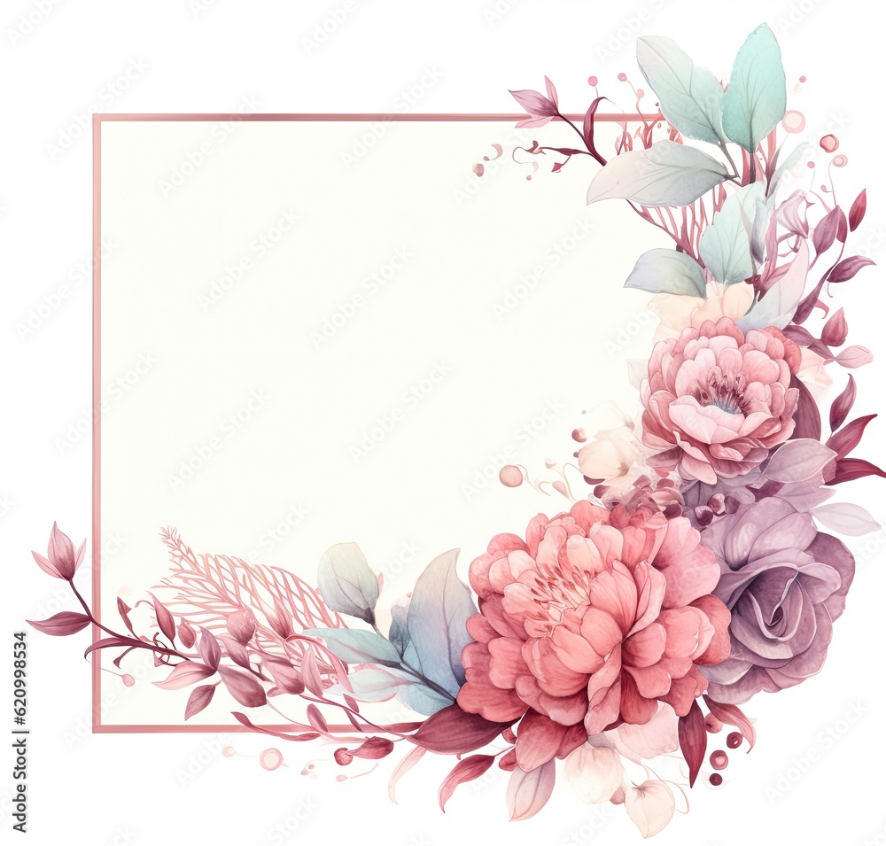 Watercolor floral frame. Illustration AI Generative.