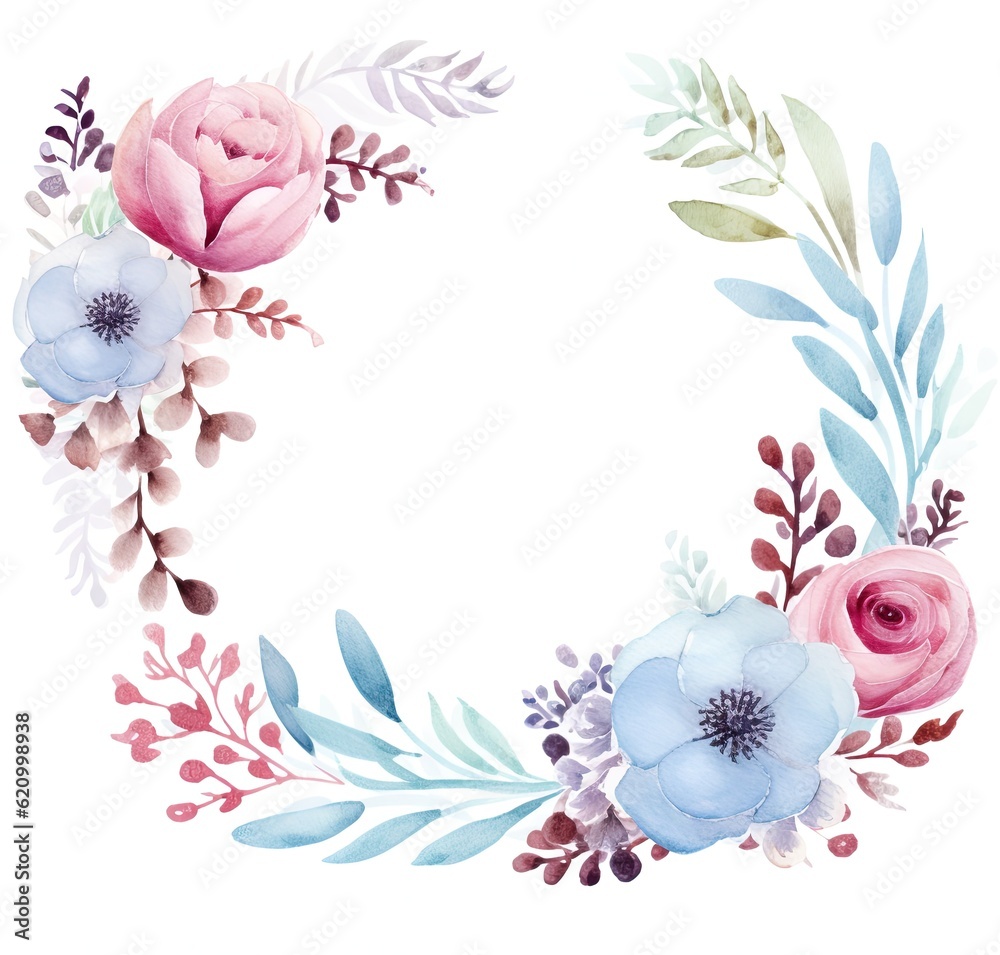 Watercolor floral frame. Illustration AI Generative.