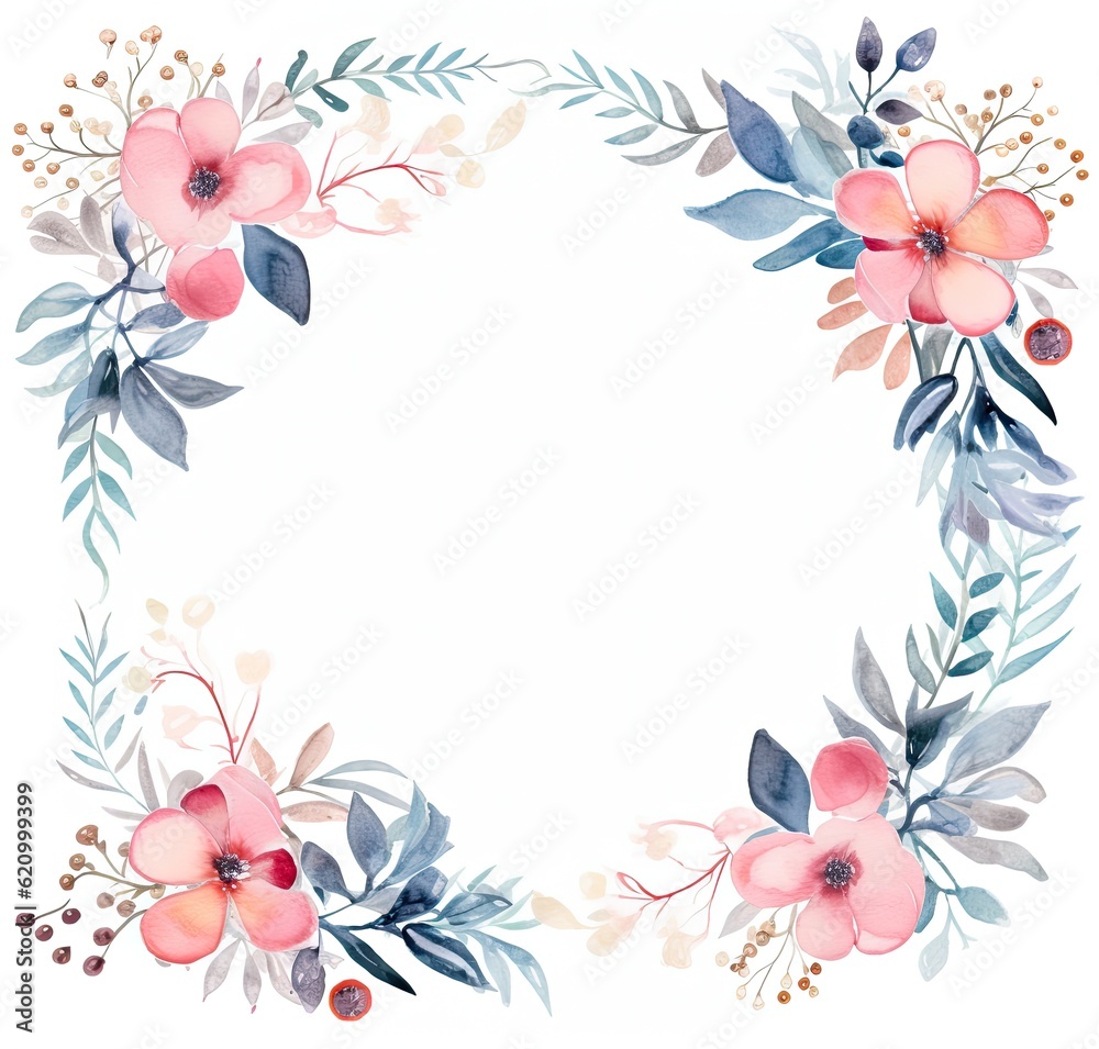 Watercolor floral frame. Illustration AI Generative.