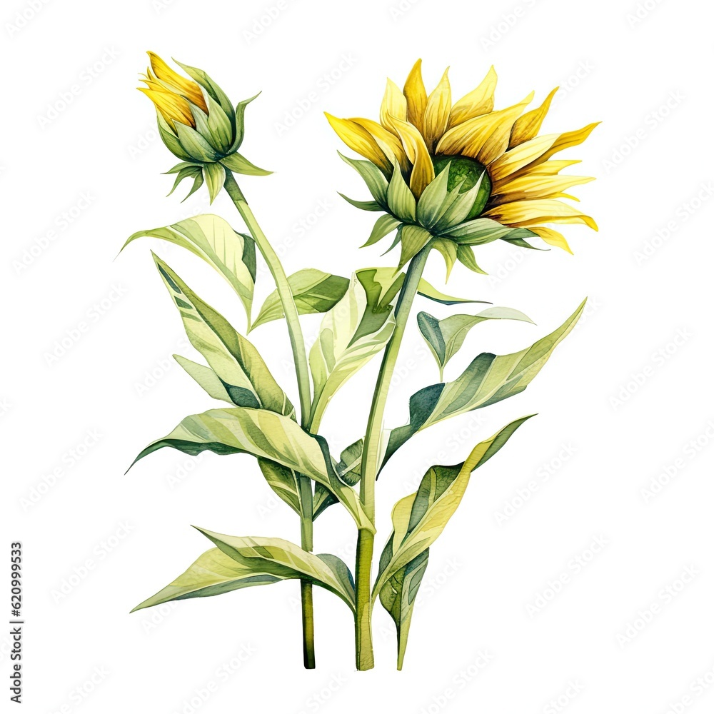 Sunflower watercolor isolated. Illustration AI Generative.