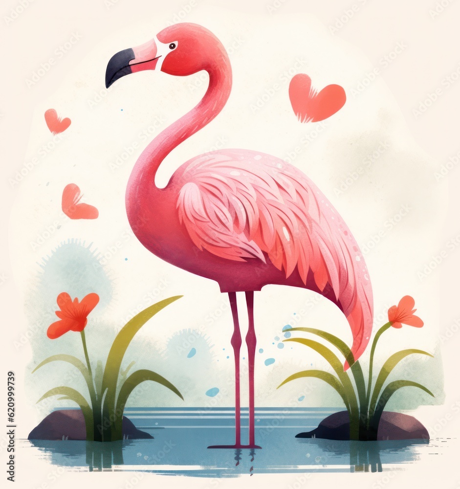 Pink painted flamingo. Illustration AI Generative.