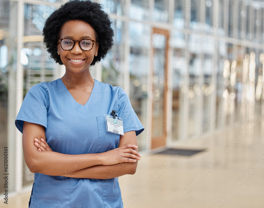 Nurse, portrait and black woman with arms crossed, happy or smile in hospital. African medical profe