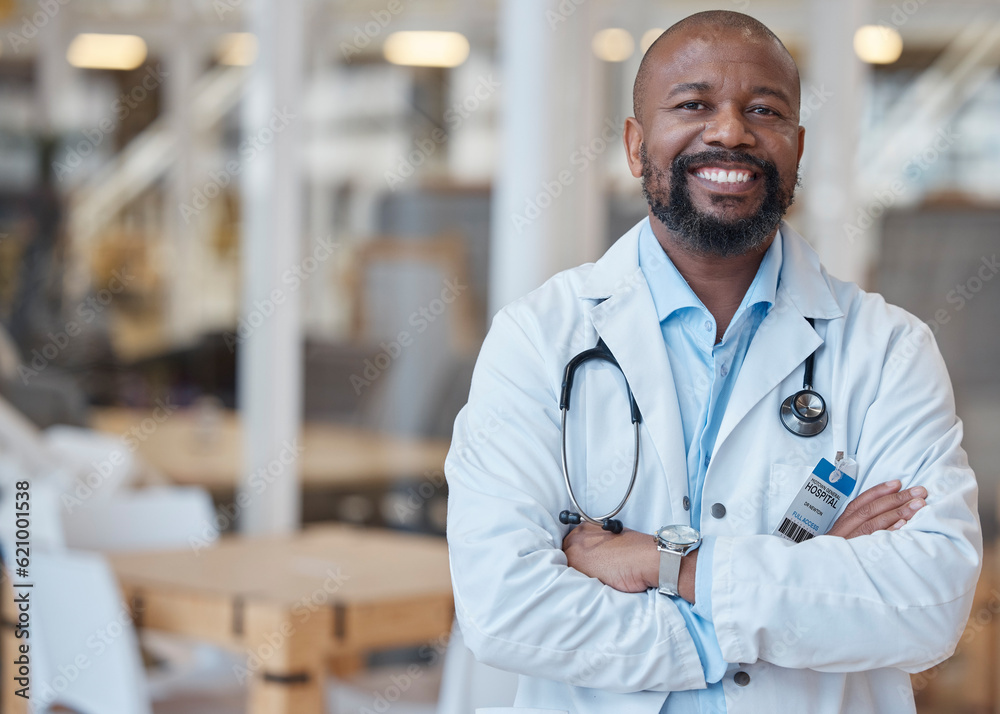 Portrait, black man and happy doctor with arms crossed in hospital for healthcare. African medical p