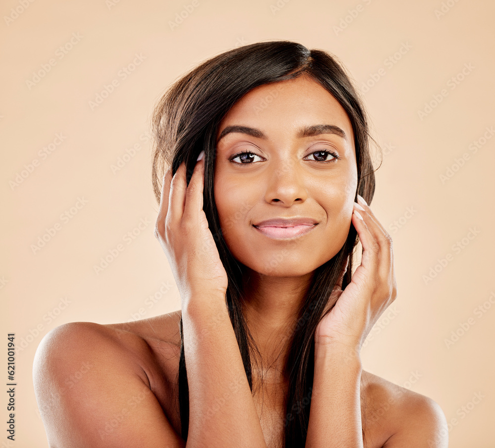 Hair, beauty and portrait of a woman in studio with natural glow and shine. Hairstyle, cosmetics and