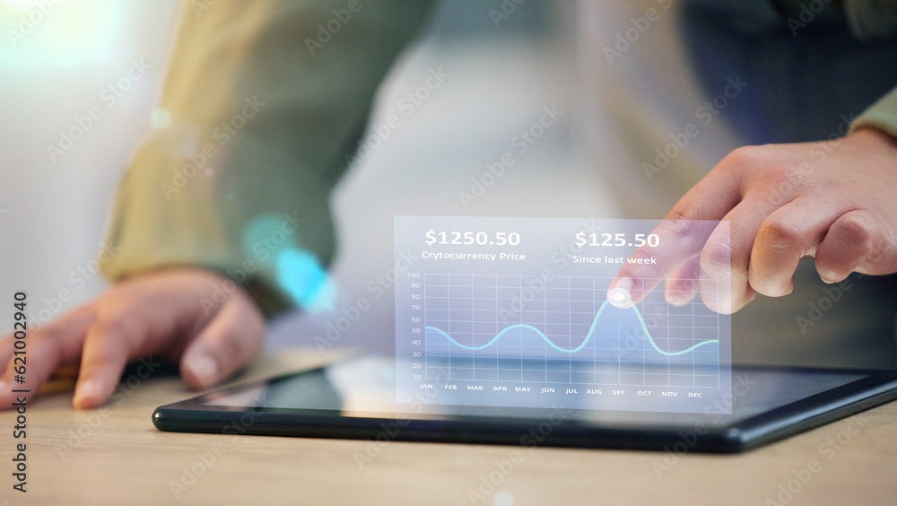 Woman, hands and tablet with 3d hologram of graph or chart for data statistics or analytics on offic