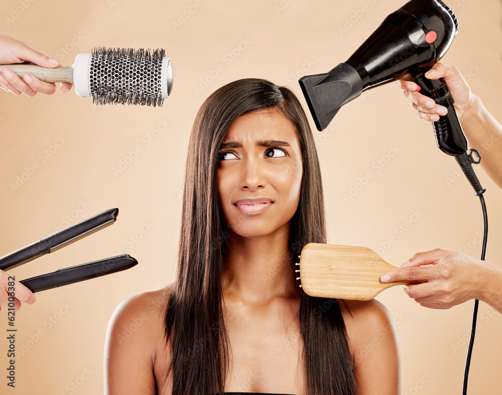 Hair, tools and worry of woman with product for beauty, heat treatment and unhappy on studio backgro