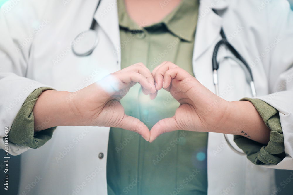 Healthcare, professional and heart sign with woman in closeup for medicine or service. Medical exper