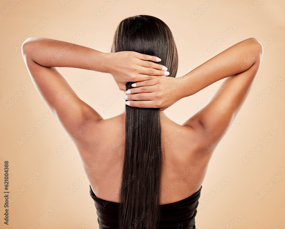 Hands on hair, back view and woman with beauty, cosmetics and keratin treatment isolated on studio b