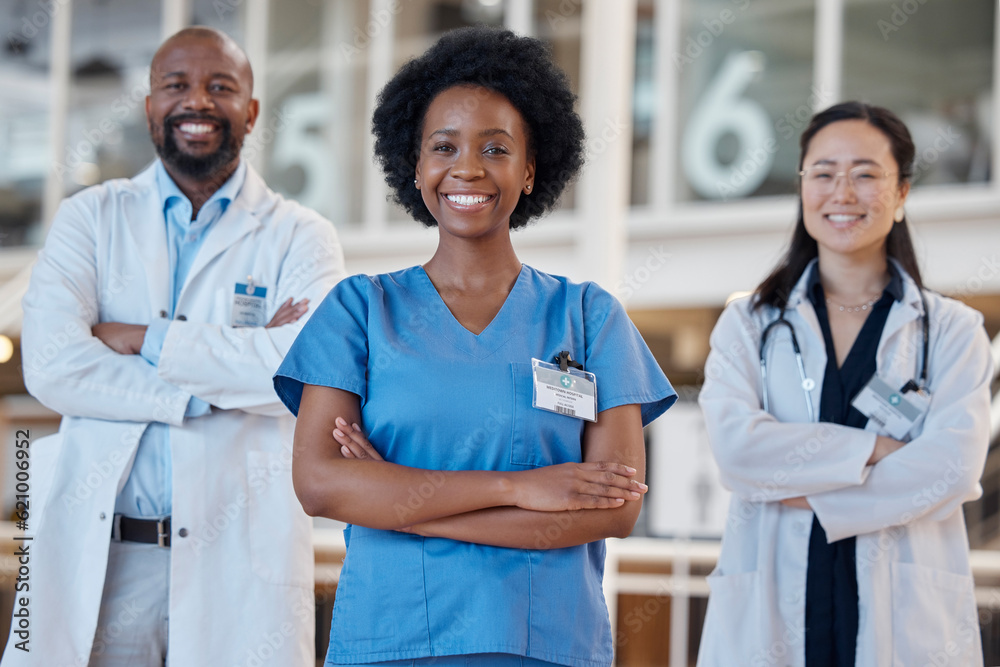 Happy black woman, portrait and team of doctors in healthcare, hospital management or trust. Diversi