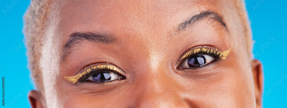 Makeup portrait, eyeliner and eyes of black woman with studio beauty, wellness and facial cosmetics 