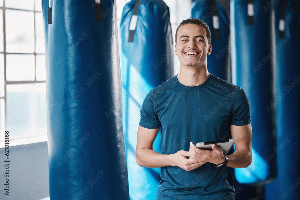 Fitness, man and gym coach with tablet ready for exercise class and training with a smile. Young mal