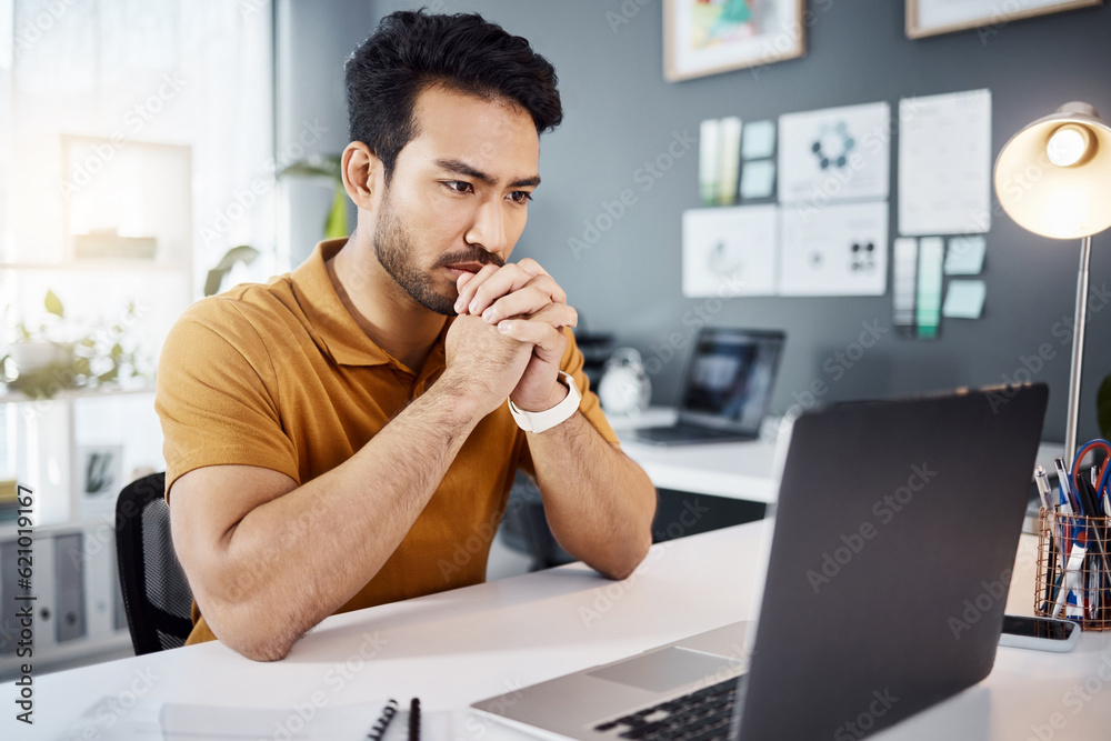 Technology, businessman thinking and with laptop in his modern office with a lens flare. Connectivit