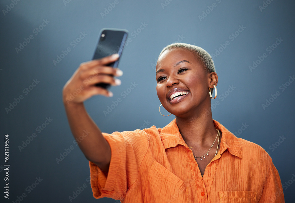 Selfie, smile and black woman in studio for photography, video call or photo on grey background. Sma