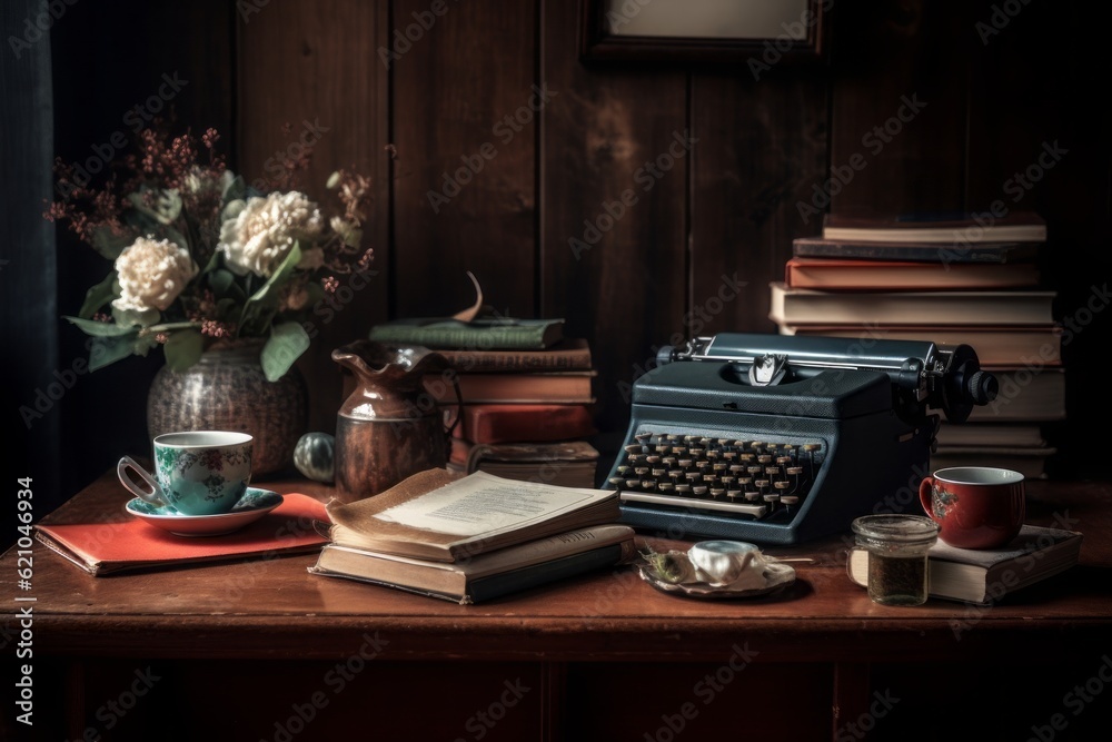 still life, vintage typewriter, old books, ki, wooden table, cozy, nostalgic, atmosphere, retro, ant