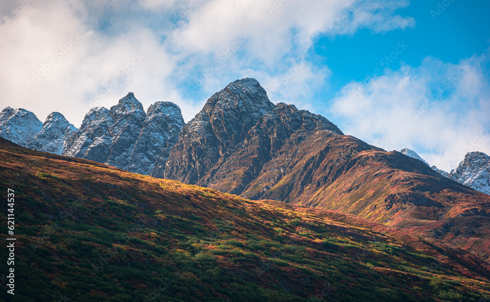 View of mountain peak from highway near Valdez in Alaska, USA.