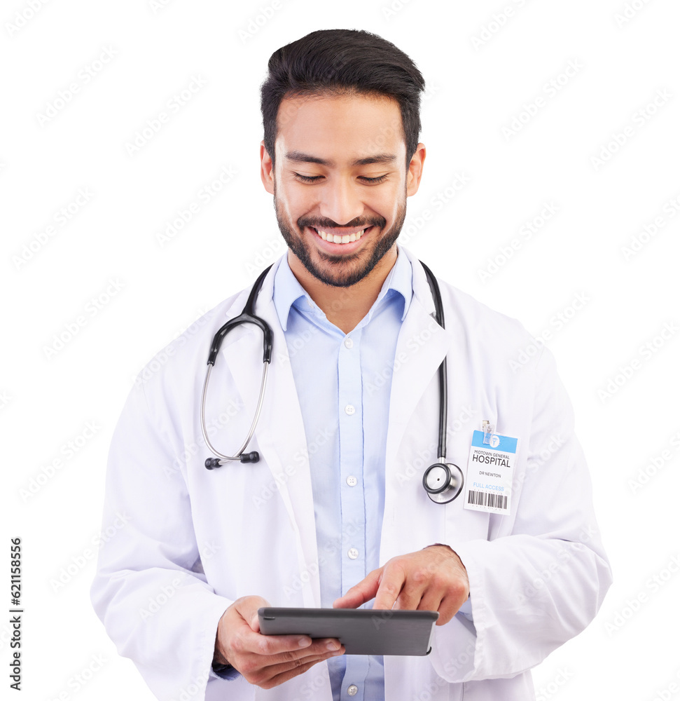 Doctor, asian man and reading on tablet for information in png or transparent and isolated backgroun