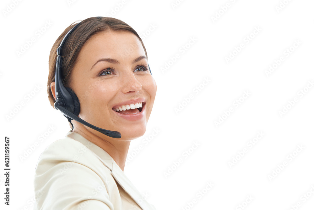 Call center, face and woman with headset, CRM and communication with telecom on transparent png back