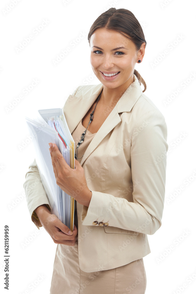 Business, woman and portrait with files is happy in png or isolated and transparent background with 