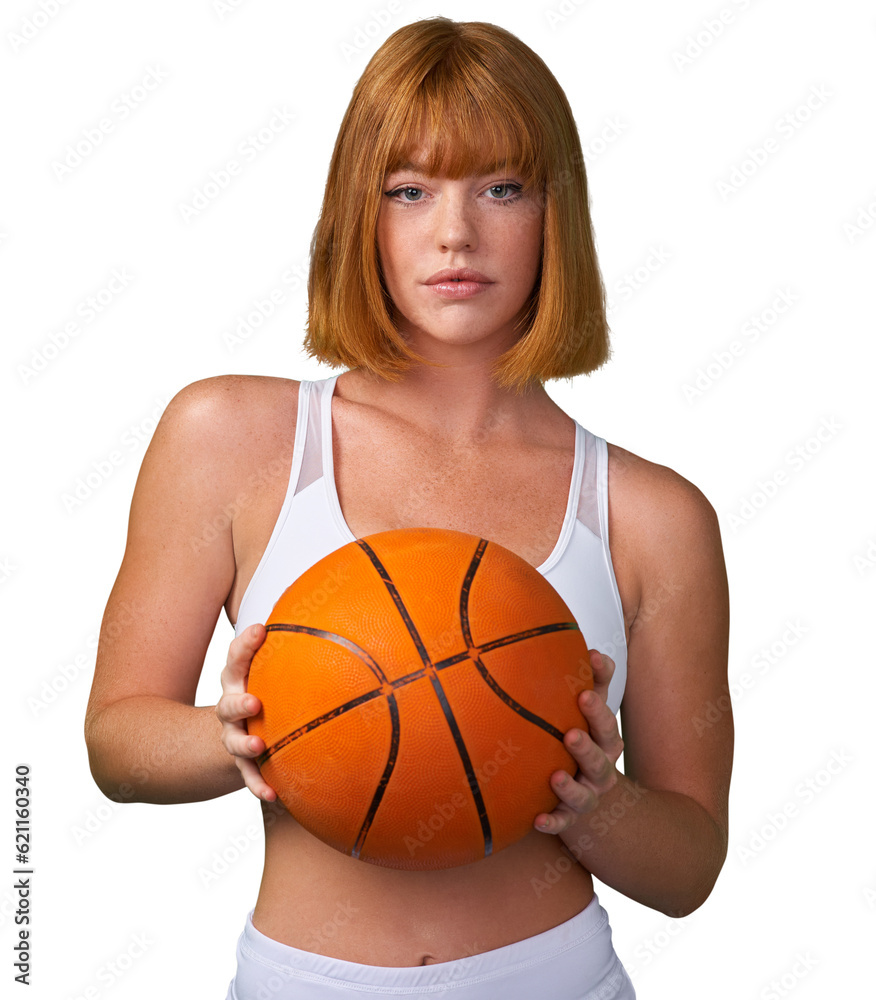 Basketball, woman in portrait for sport and exercise, training and professional player on transparen