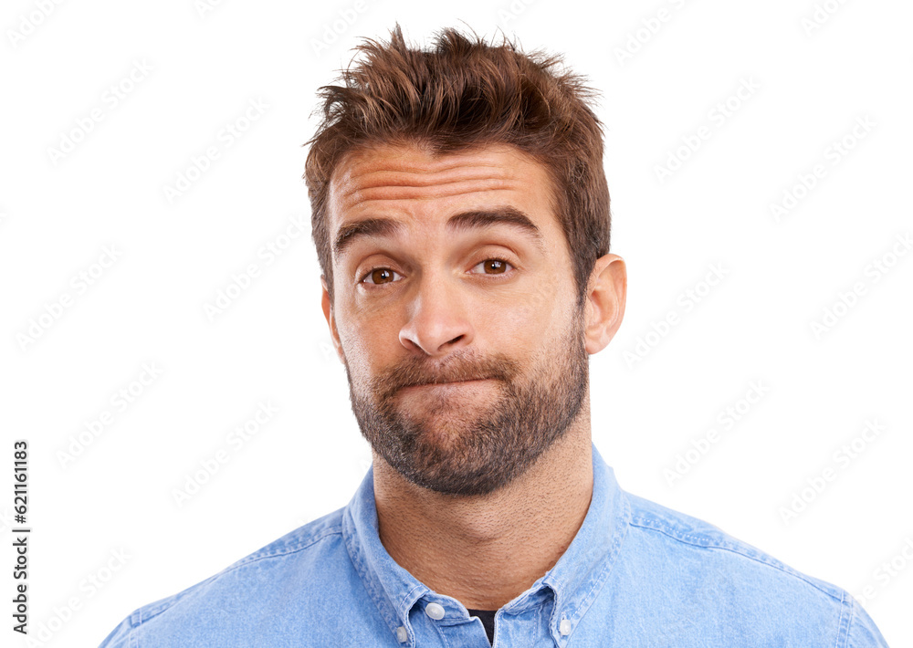 Portrait, man and thinking with doubt or unsure in png or transparent, isolated background. Thoughtf