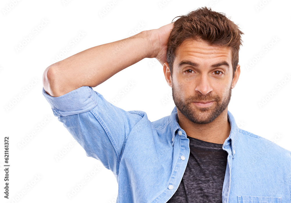 Man, unsure and head scratch with doubt in portrait, casual clothes and mindset isolated on transpar