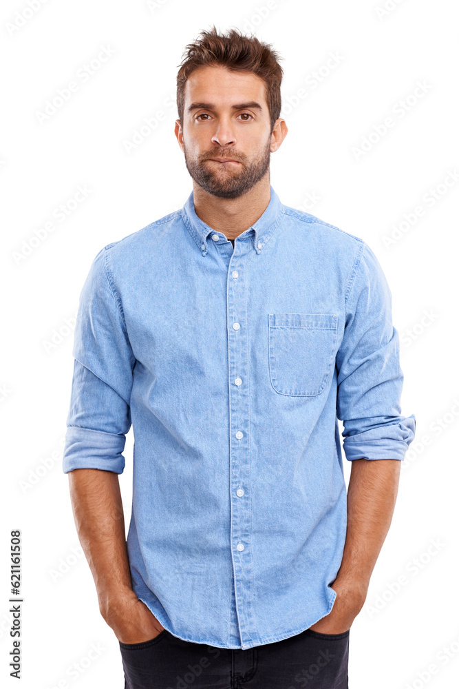 Confused, thinking and portrait with man with fashion in png or isolated and transparent background 