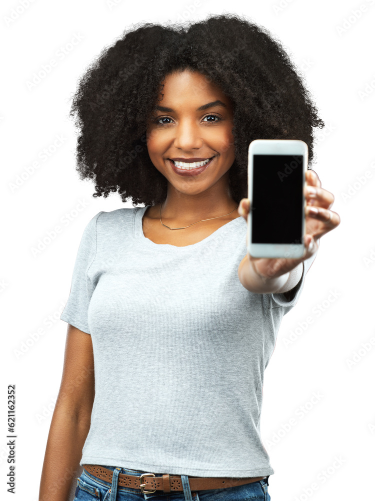 Phone, app and portrait with a black woman isolated on transparent background showing an empty displ