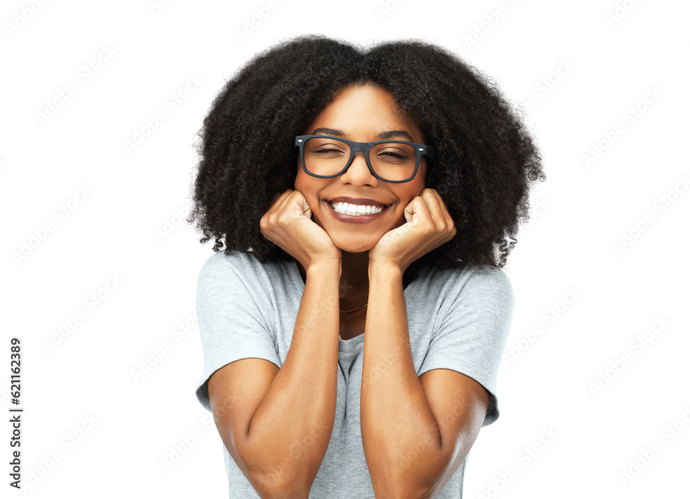 Happy, emoji and excited face of African woman on isolated, transparent or png background or college