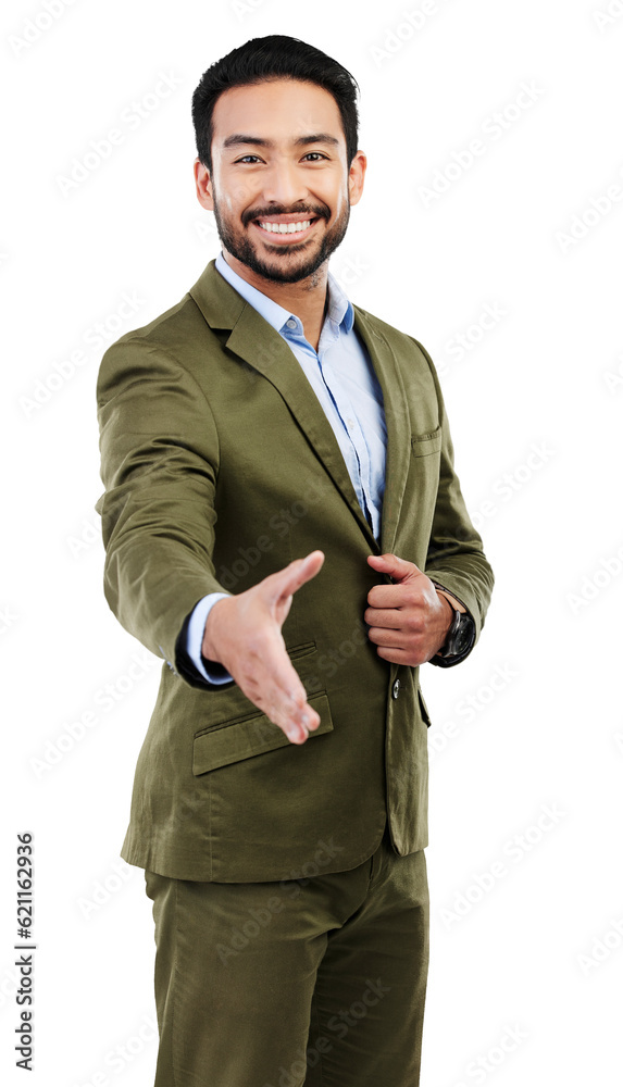 Isolated business man, handshake or welcome with smile, portrait or kindness by transparent png back